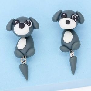 Cute Gray and White Dog with Wagging Tail Earrings
